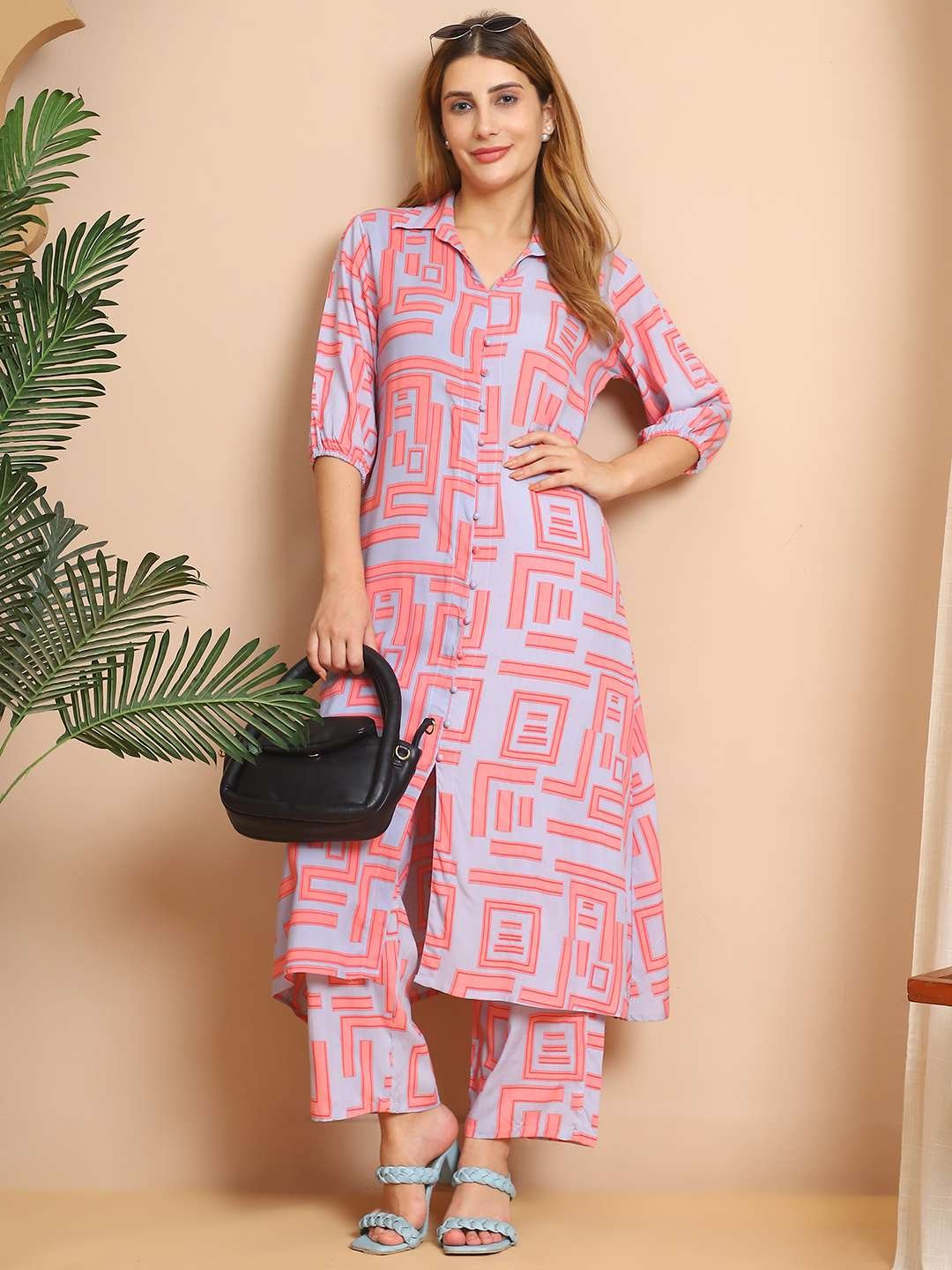 Women's Pure Cotton Printed Collared Top and Pant Co-ord Set (Pink Gr) - Image 4