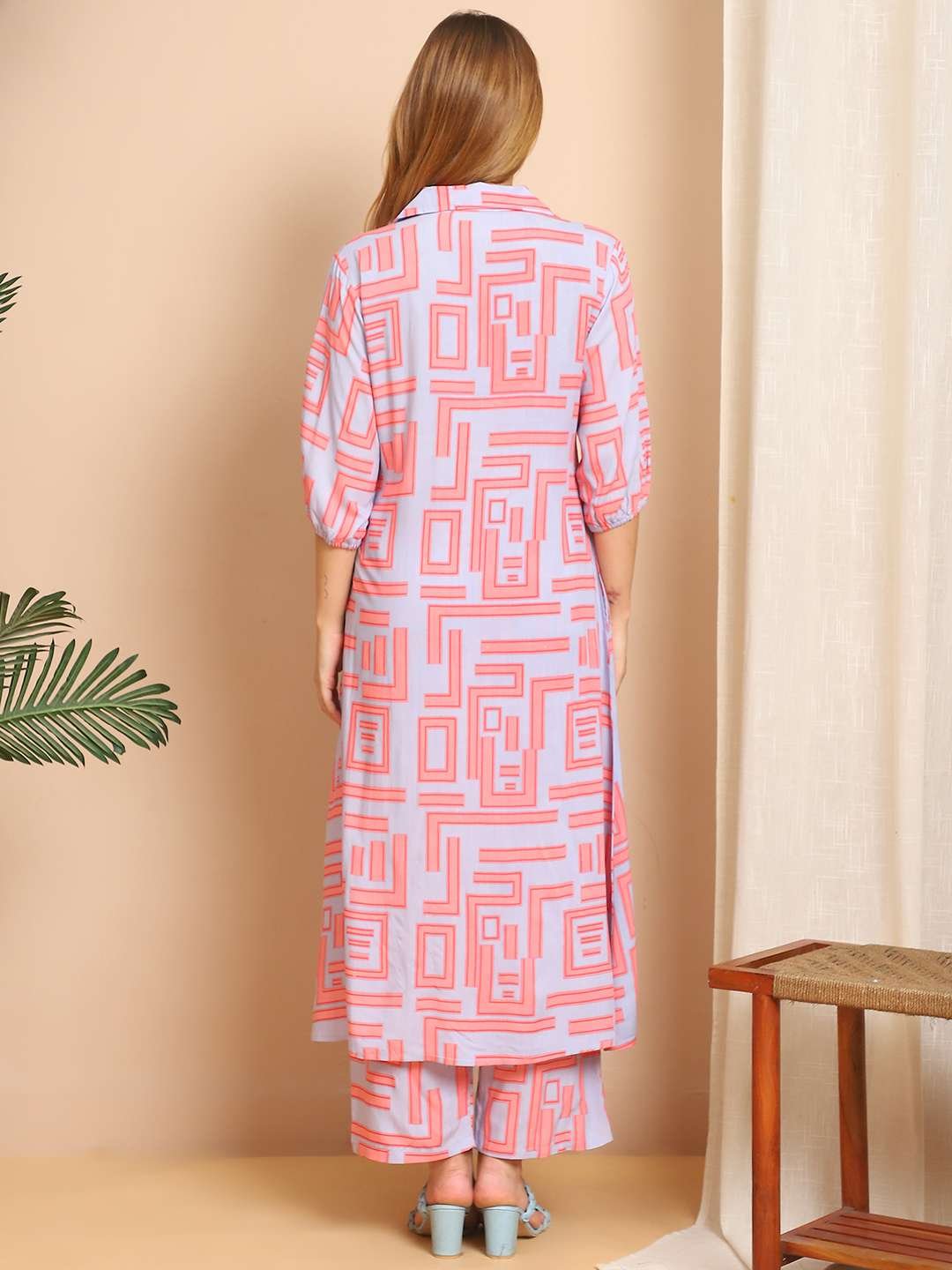 Women's Pure Cotton Printed Collared Top and Pant Co-ord Set (Pink Gr) - Image 2