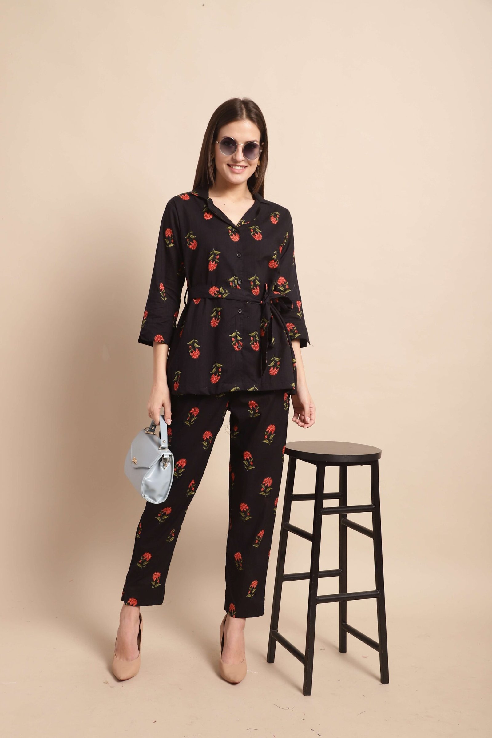 Women's Pure Cotton Printed Collared Top and Pant Co-ord Set (Black Rd) - Image 6