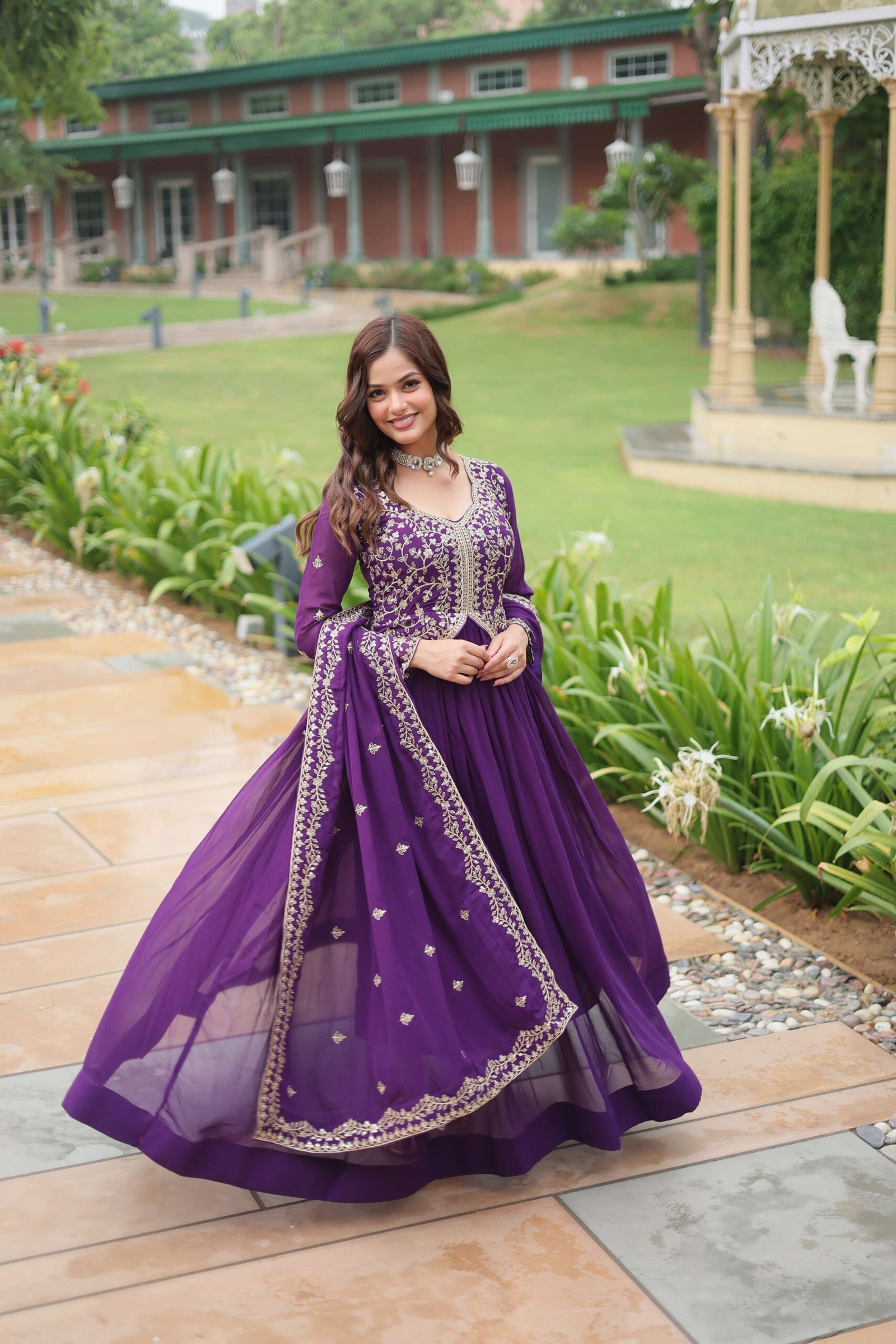 Purple Faux Blooming Sequins & Zari Embroidered Gown with Matching Dupatta - Image 8