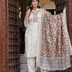 Women's Cotton Embroidered Straight Kurti With Pant and Dupatta Set