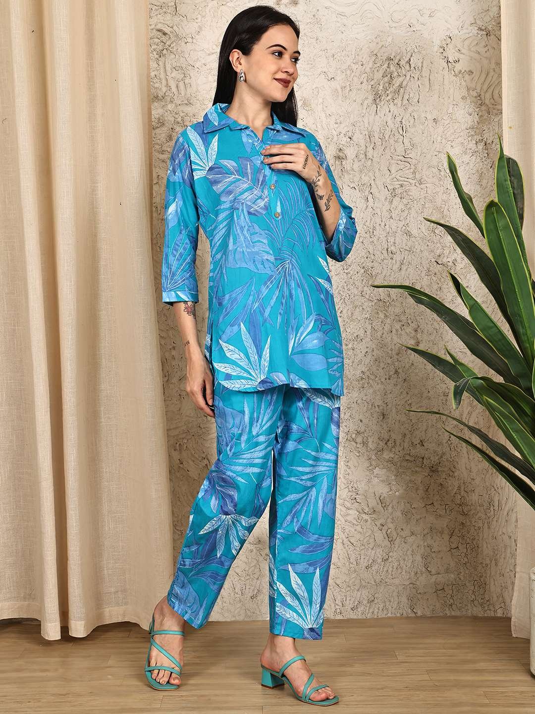Women's Pure Cotton Printed Collared Top and Pant Co-ord Set (Blue) - Image 3