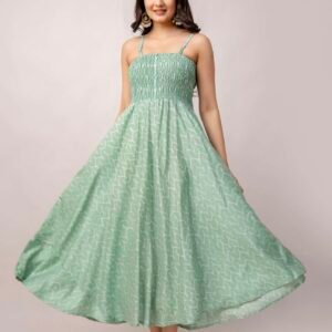 Women's Silk Printed Shoulder Straps Sleeveless Anarkali Gown Drees (GREEN-SUI)