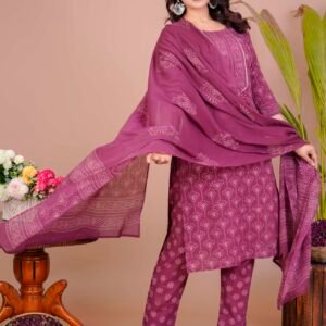 Women's Purple Cotton Printed Straight Kurti with Pant & Dupatta Set