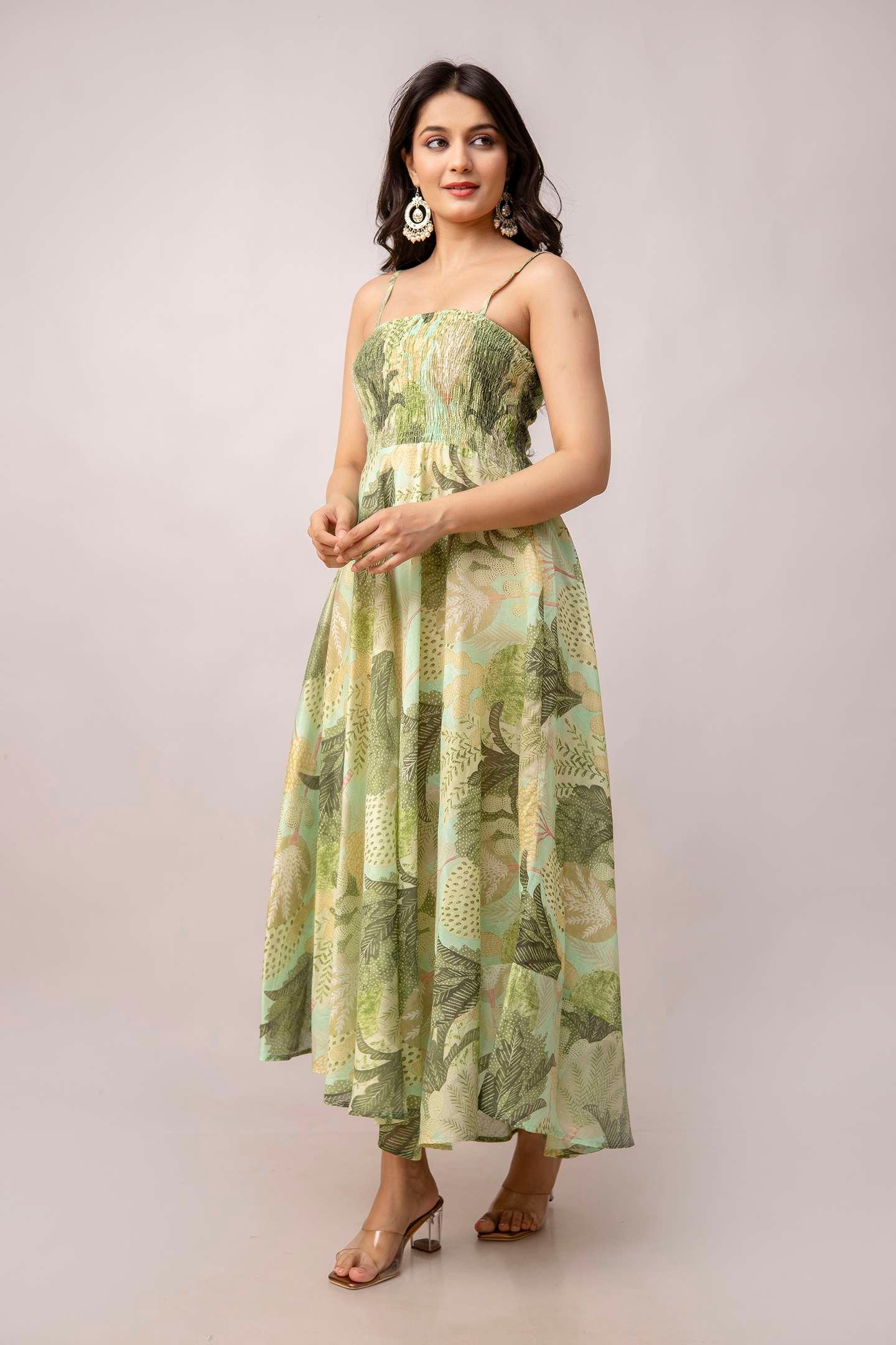 Women's Silk Printed Shoulder Straps Sleeveless Anarkali Gown Drees (Green) - Image 3