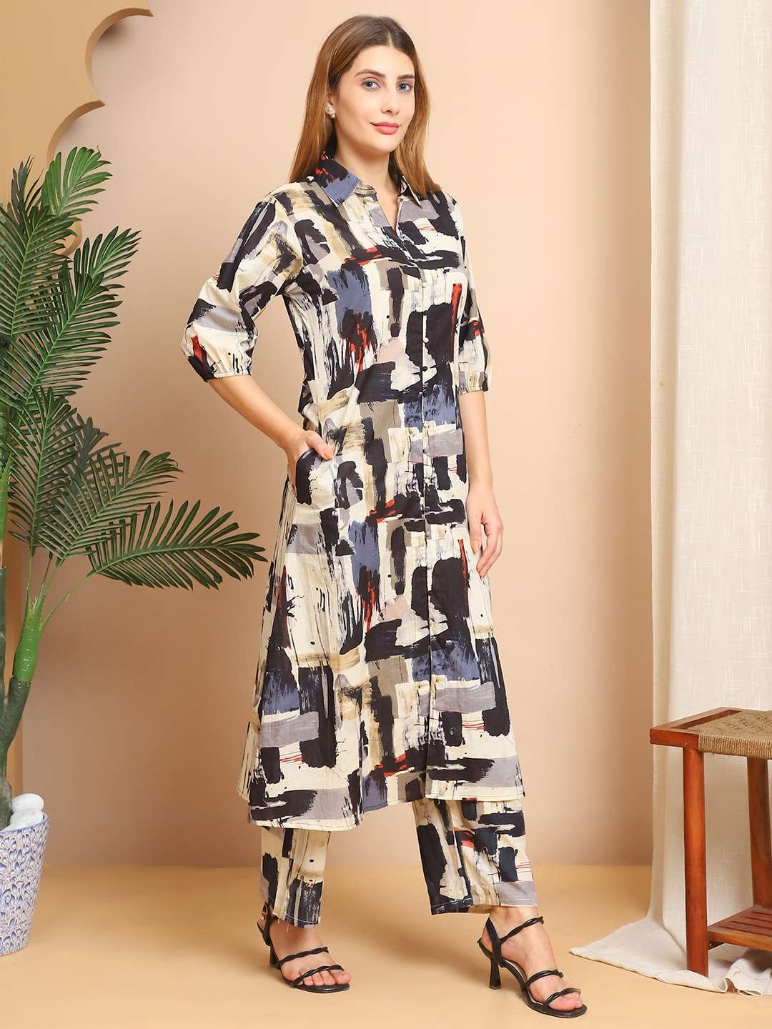 Women's Pure Cotton Printed Collared Top and Pant Co-ord Set (Multti Color6) - Image 3