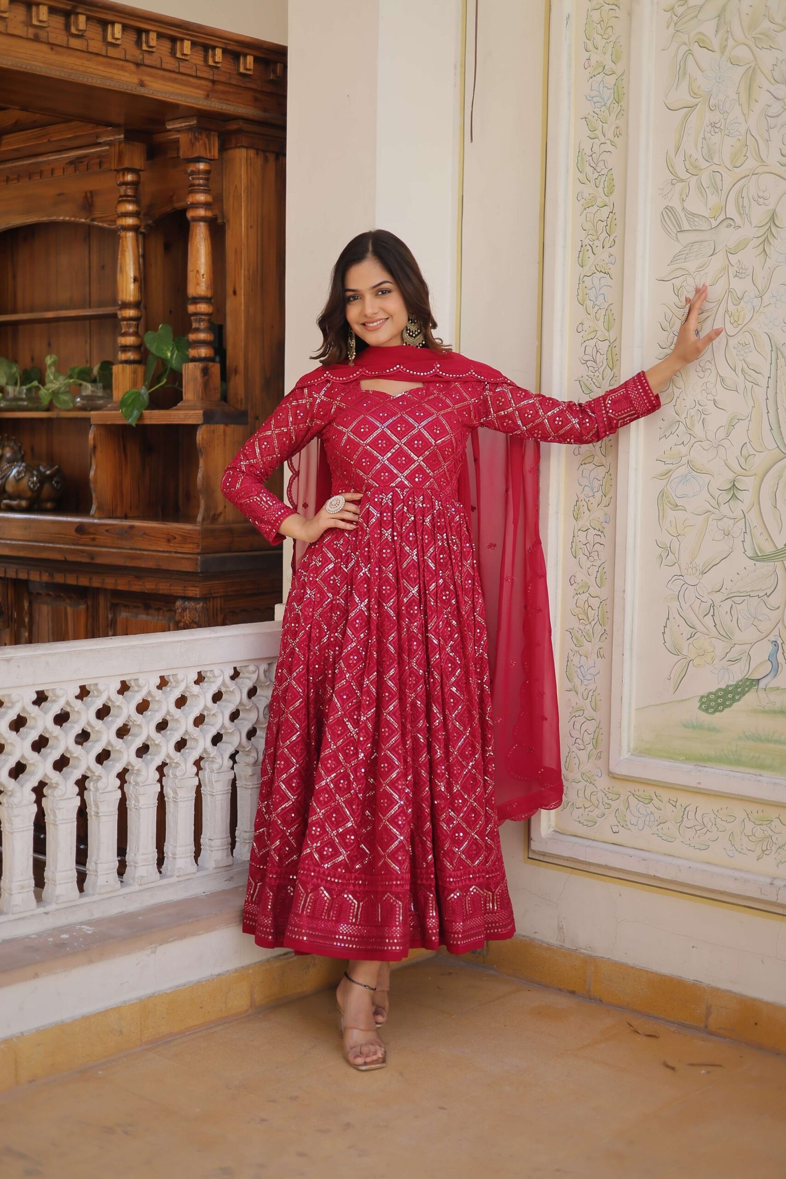 Rani Faux Blooming Designer Gown with Sequined Dupatta ? Elegant Fully Flared Party & Wedding Set