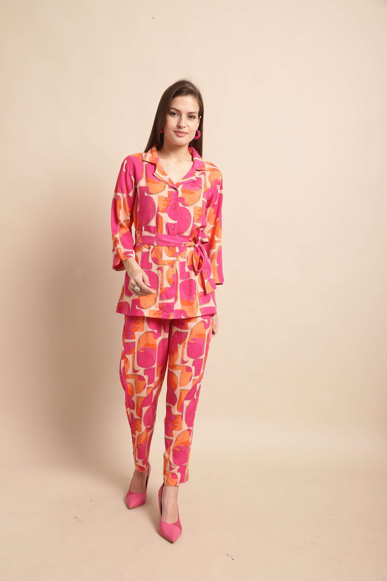 Women's Pure Cotton Printed Collared Top and Pant Co-ord Set (Pink) - Image 3