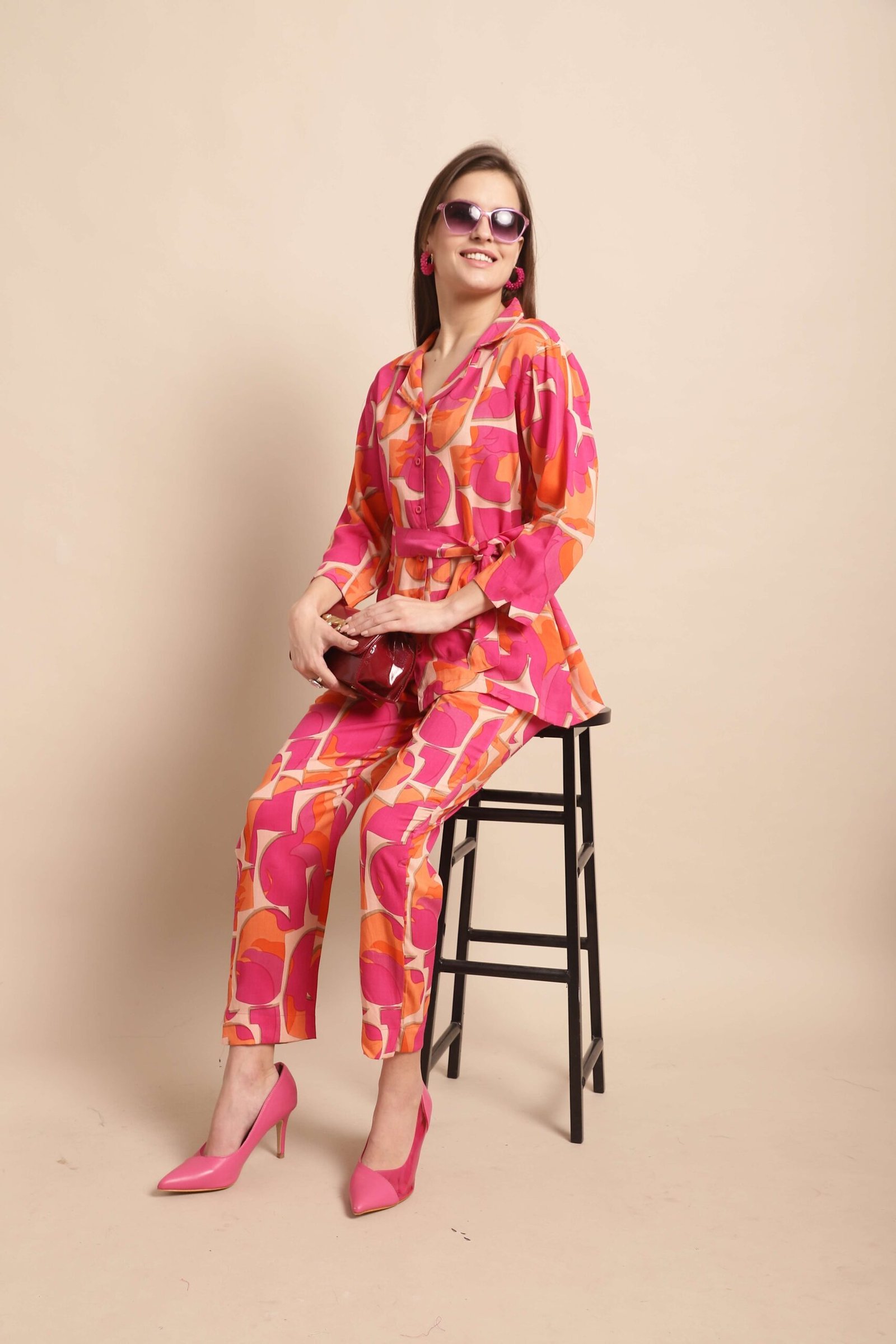 Women's Pure Cotton Printed Collared Top and Pant Co-ord Set (Pink) - Image 6