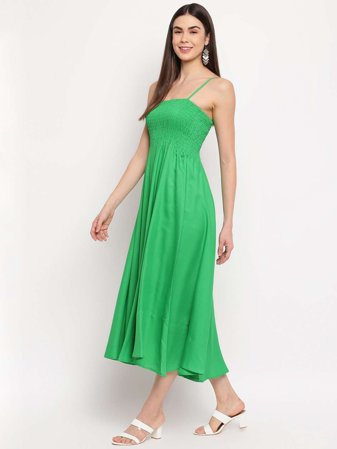 Women's Viscose Rayon Solid Shoulder Straps Sleeveless Flared Gown Drees (Green)