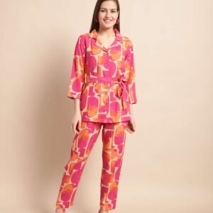 Women's Pure Cotton Printed Collared Top and Pant Co-ord Set (Pink)
