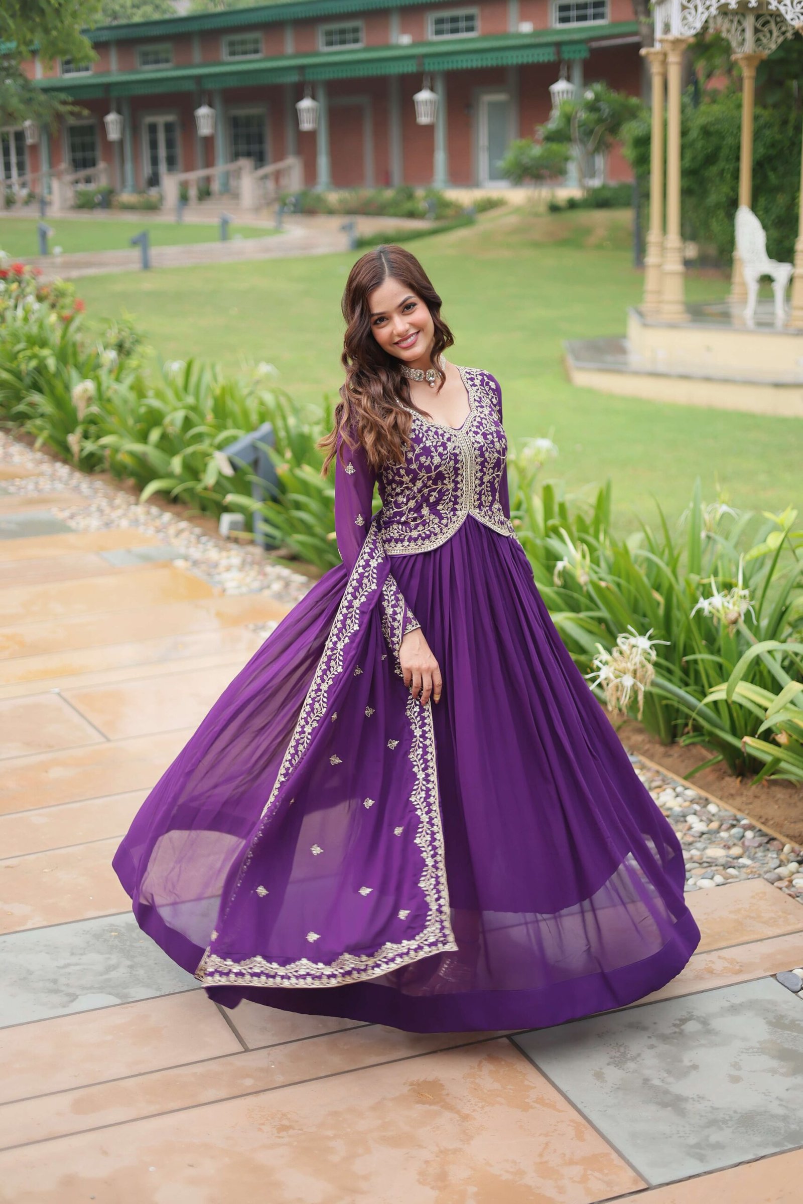 Purple Faux Blooming Sequins & Zari Embroidered Gown with Matching Dupatta