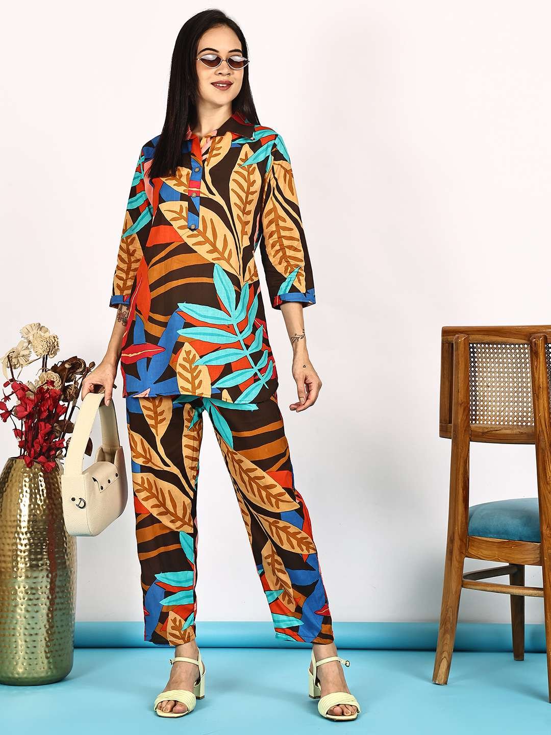 Women's Pure Cotton Printed Collared Top and Pant Co-ord Set (Multti Color1) - Image 4