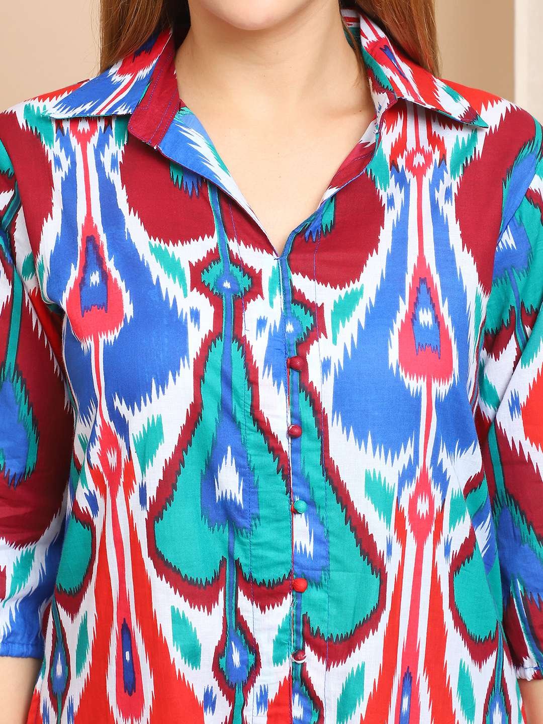 Women's Pure Cotton Printed Collared Top and Pant Co-ord Set (Multti Color5) - Image 6