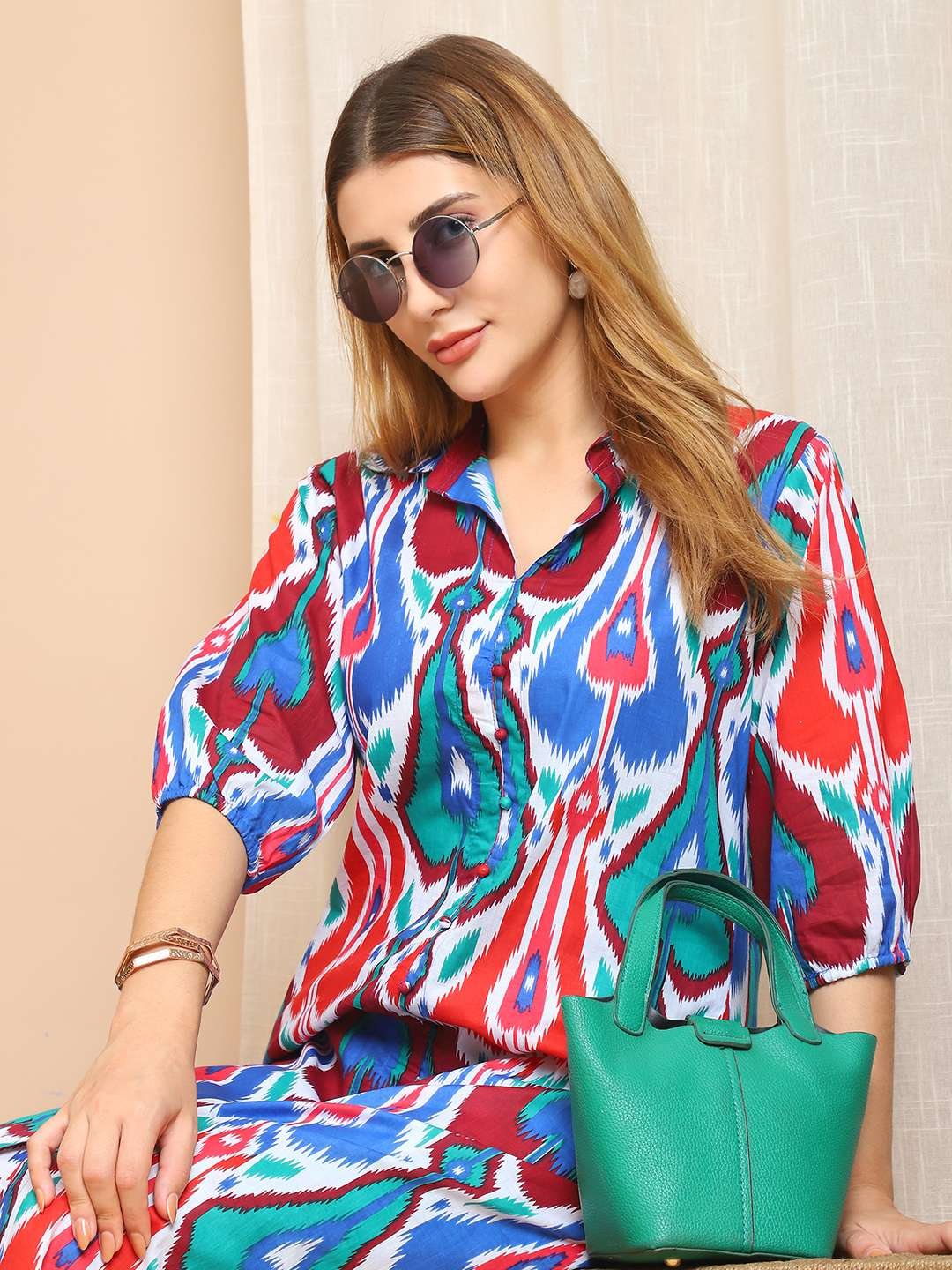 Women's Pure Cotton Printed Collared Top and Pant Co-ord Set (Multti Color5) - Image 5