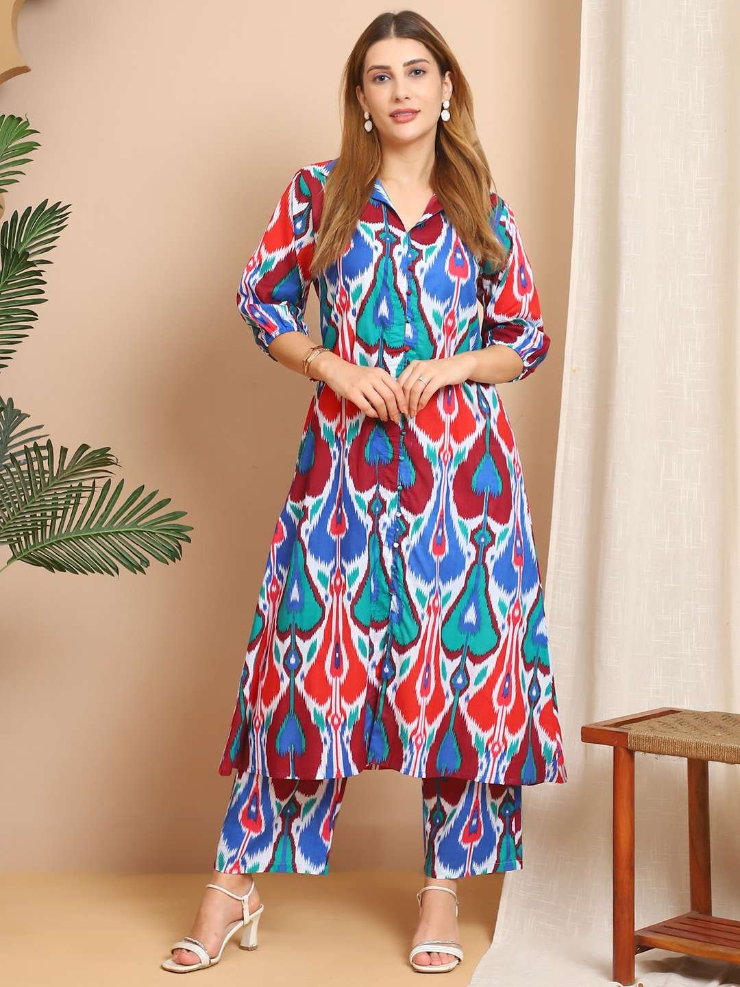 Women's Pure Cotton Printed Collared Top and Pant Co-ord Set (Multti Color5) - Image 8