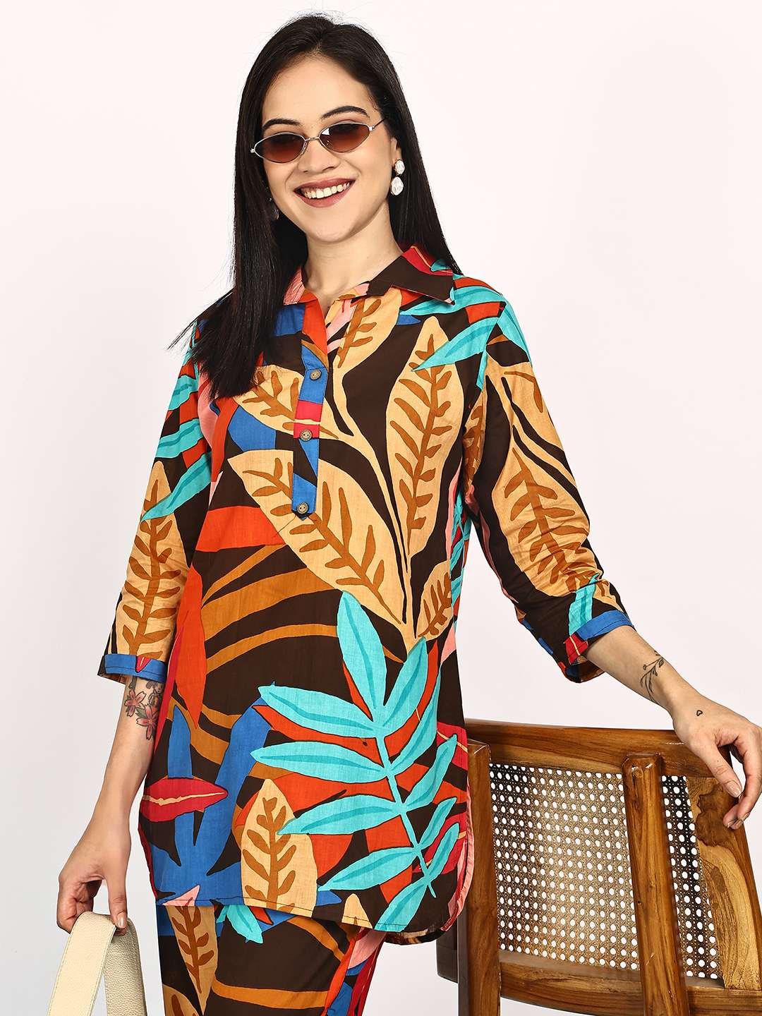 Women's Pure Cotton Printed Collared Top and Pant Co-ord Set (Multti Color1) - Image 5