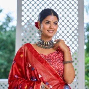 Sky Blue Tussar Silk Lehenga Choli with Red Blouse | Minakari & Foil Print | Wedding & Festive Wear