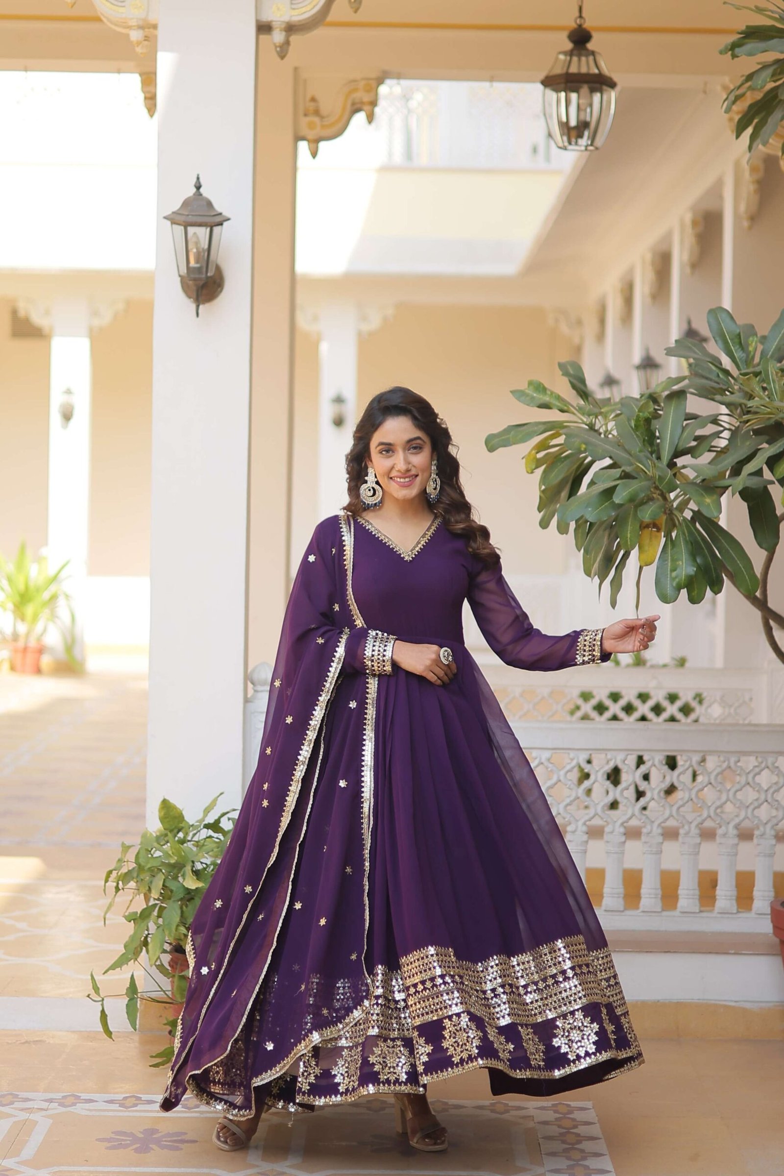 Purple Faux Blooming Gown with Sequined Dupatta ? Elegant Fully Flared Party & Wedding Set - Image 2