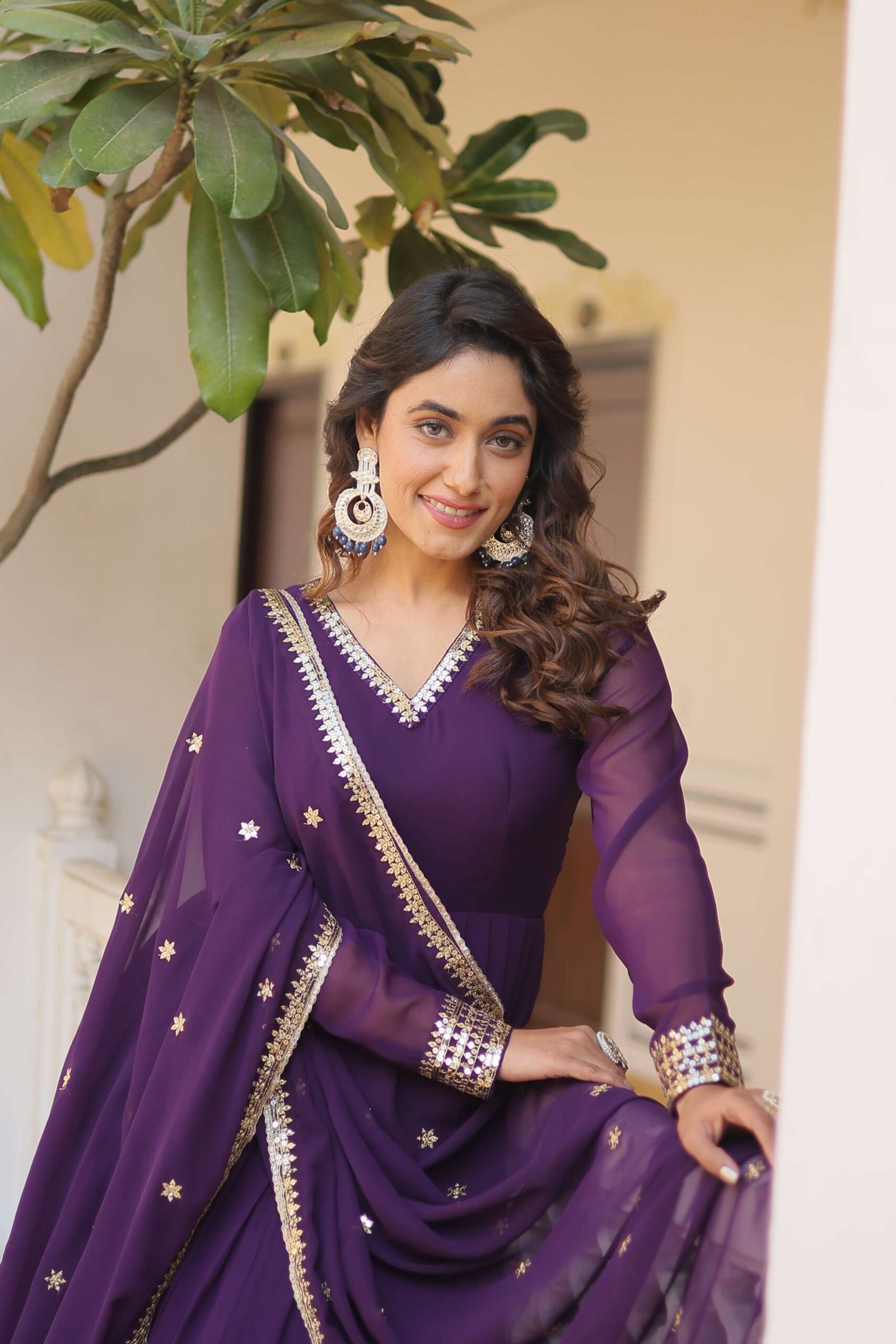 Purple Faux Blooming Gown with Sequined Dupatta ? Elegant Fully Flared Party & Wedding Set - Image 3