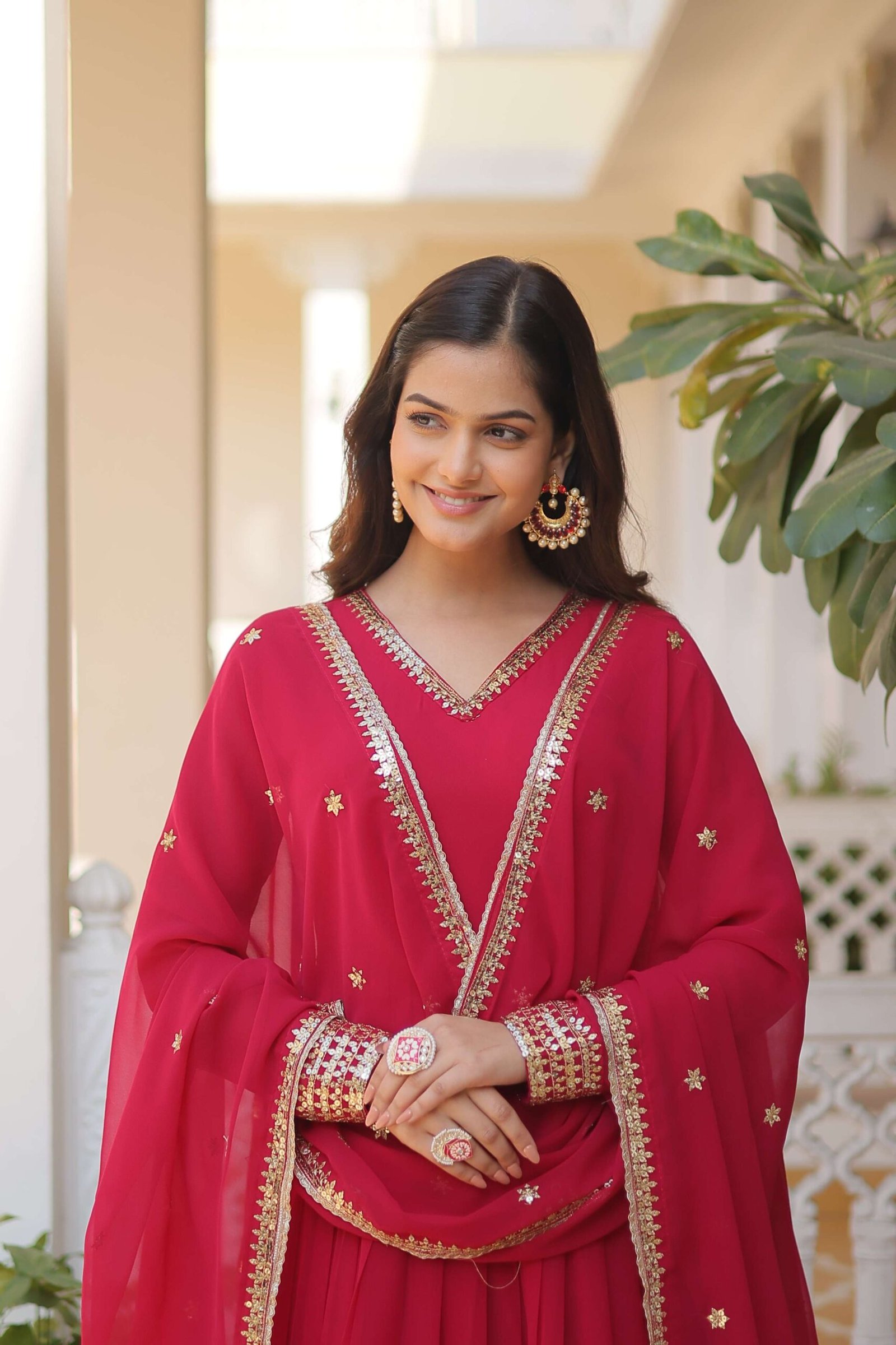 Pink Faux Blooming Gown with Sequined Dupatta ? Elegant Fully Flared Party & Wedding Set - Image 4
