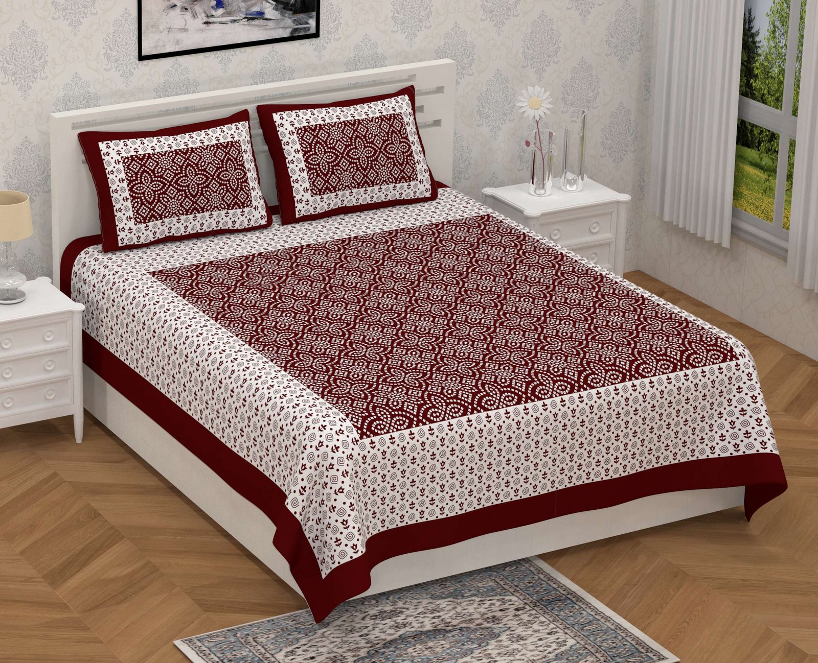 Rajasthani Traditionally Printed Cotton Doublebed Bedsheet With Pack of 2 Pillow Covers
