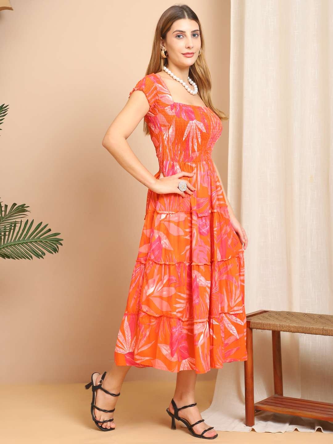 Women's Viscos Rayon Printed Off Shoulder Midi Dress For Summer And Casual Wear (Orange) - Image 3