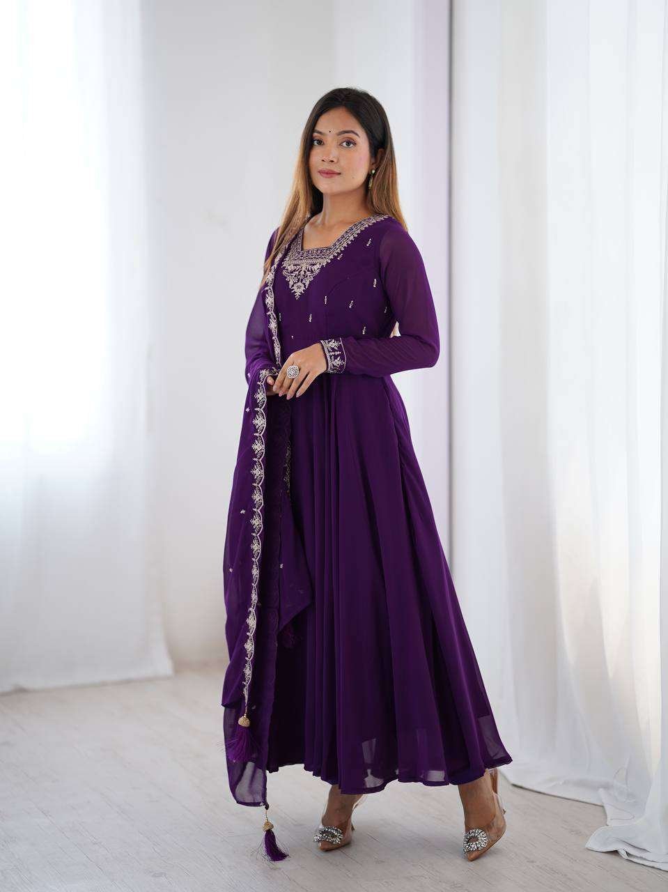 Womens Fox Georgette Anarkali Kurti with Pant & Dupatta Set - Image 5