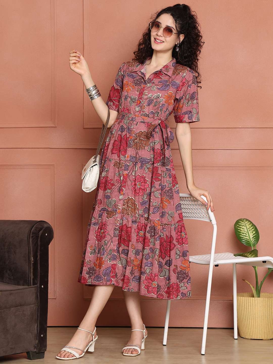 Women's Cotton Printed A-Line Midi Dress | Short Sleeve Flared Gown Dress (Pink) - Image 4