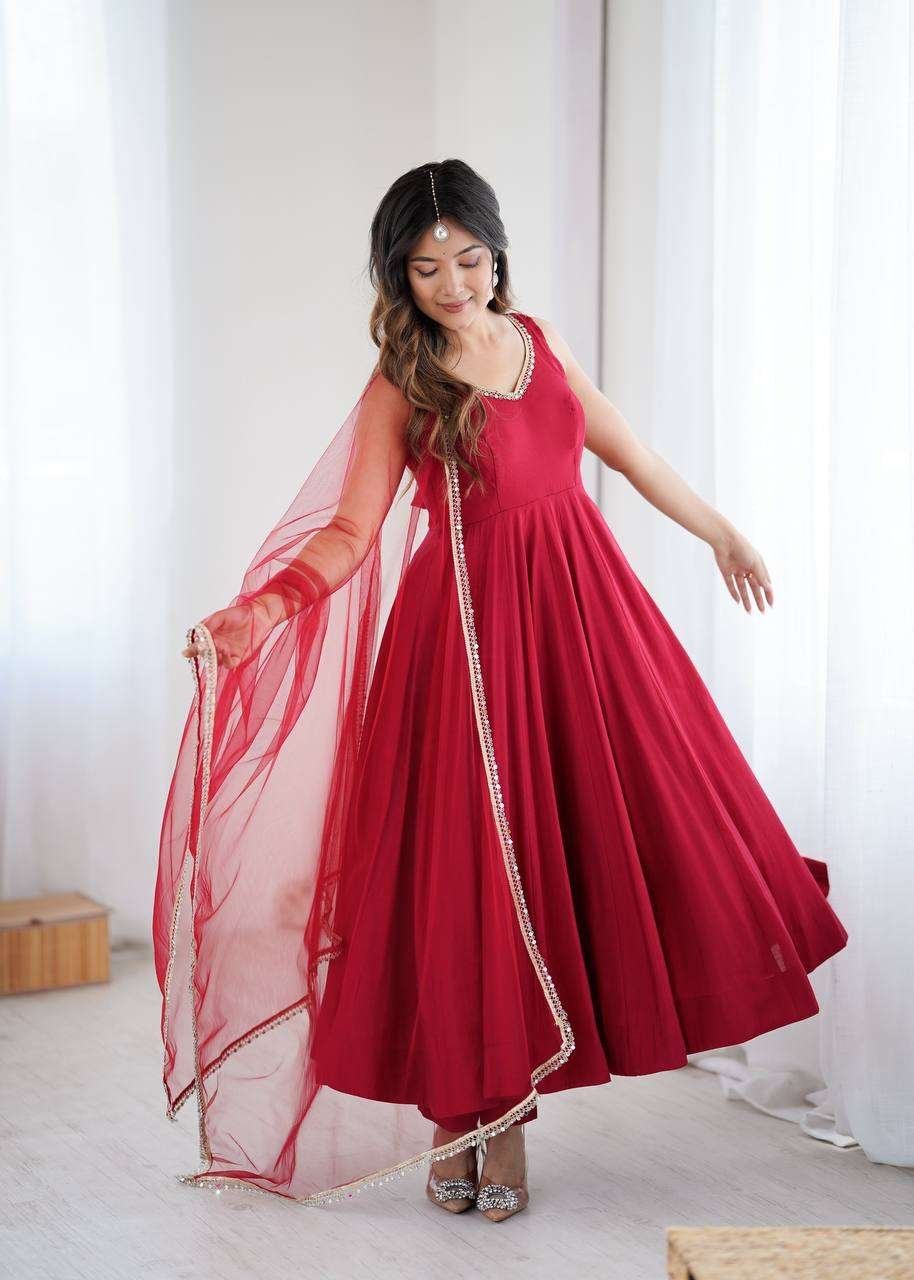 Womens Pure Romansilk Chanderi Anarkali Kurti with Pant & Dupatta Set - Image 6