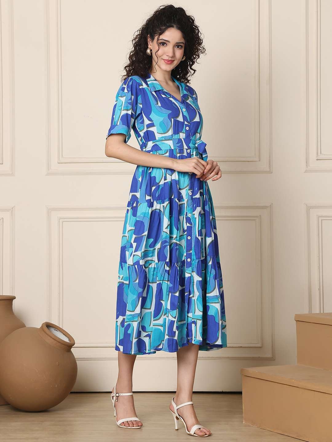 Women's Cotton Printed A-Line Midi Dress | Short Sleeve Flared Gown Dress (Navy Blue) - Image 3