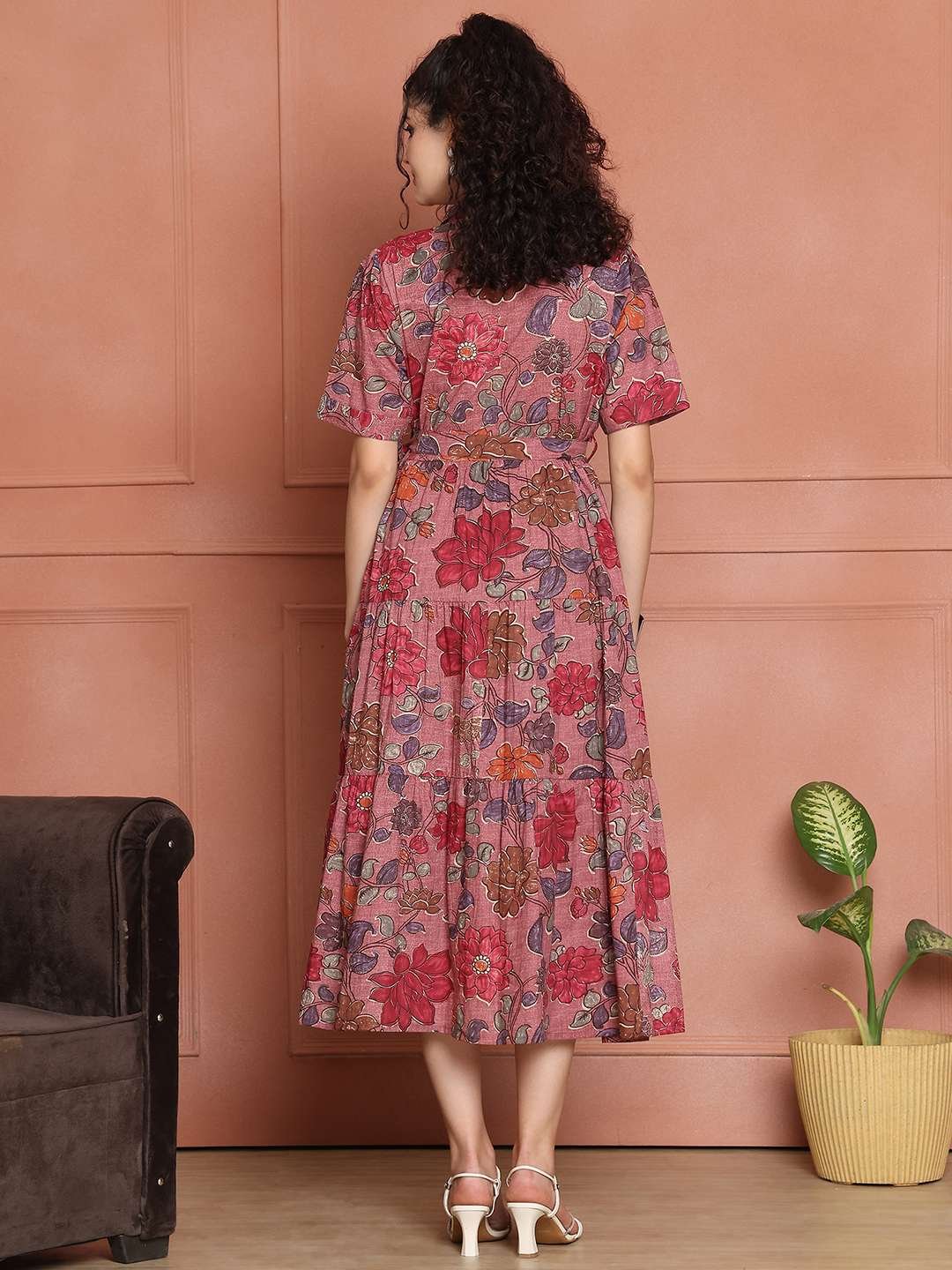 Women's Cotton Printed A-Line Midi Dress | Short Sleeve Flared Gown Dress (Pink) - Image 2
