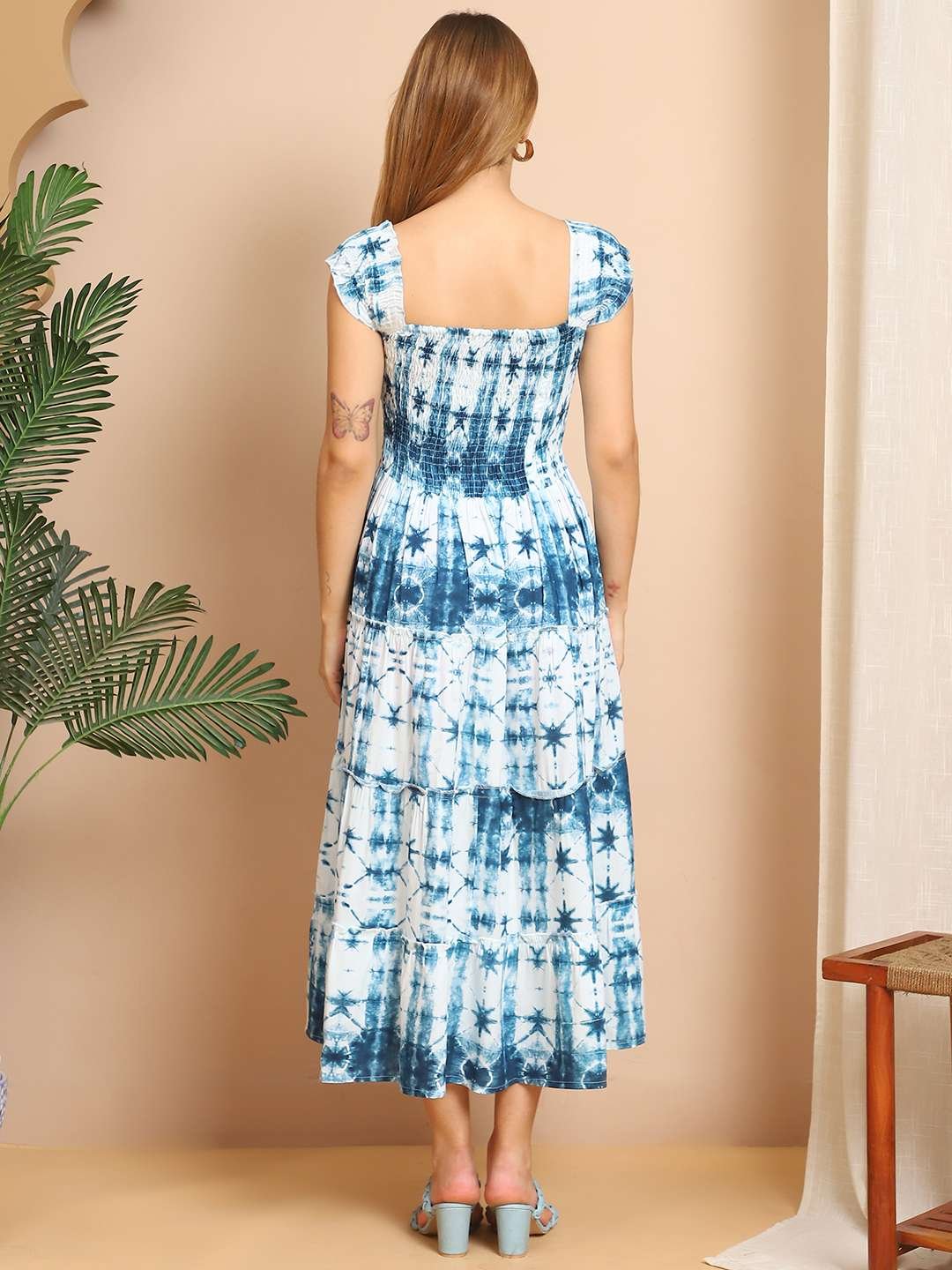 Women's Viscos Rayon Printed Off Shoulder Midi Dress For Summer And Casual Wear (Blue Td) - Image 2