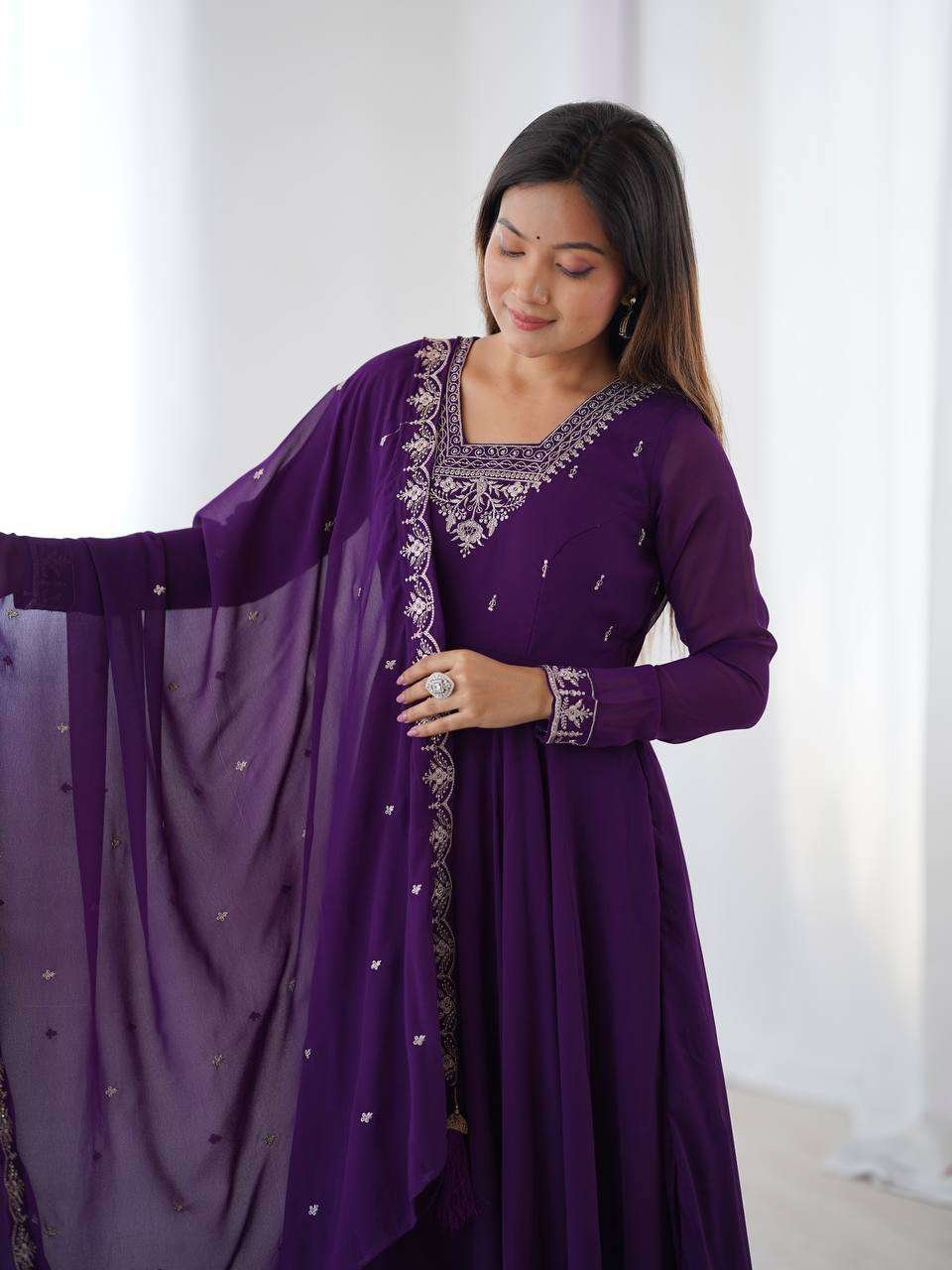 Womens Fox Georgette Anarkali Kurti with Pant & Dupatta Set - Image 7