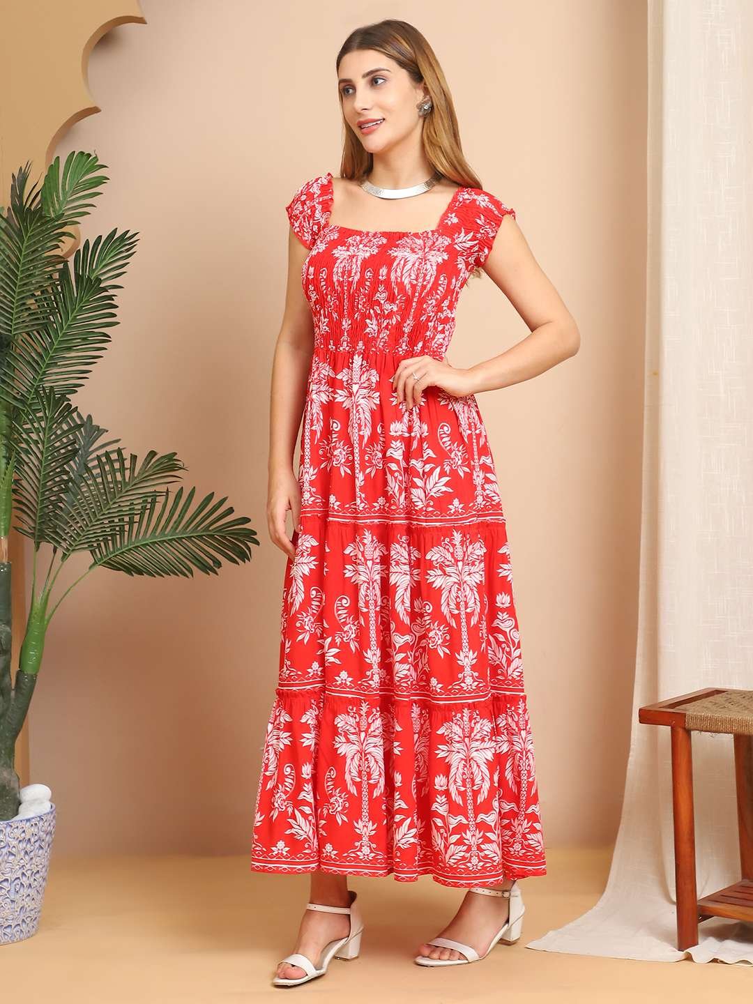 Women's Viscos Rayon Printed Off Shoulder Midi Dress For Summer And Casual Wear (Multti Color3)